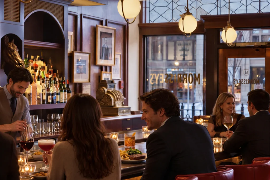 Guests enjoying drinks and dinner at the bar inside Morrissey's at The Adelphi Hotel, with red leather bar stools, globe pendant lights and wood-paneled walls in downtown Saratoga Springs.