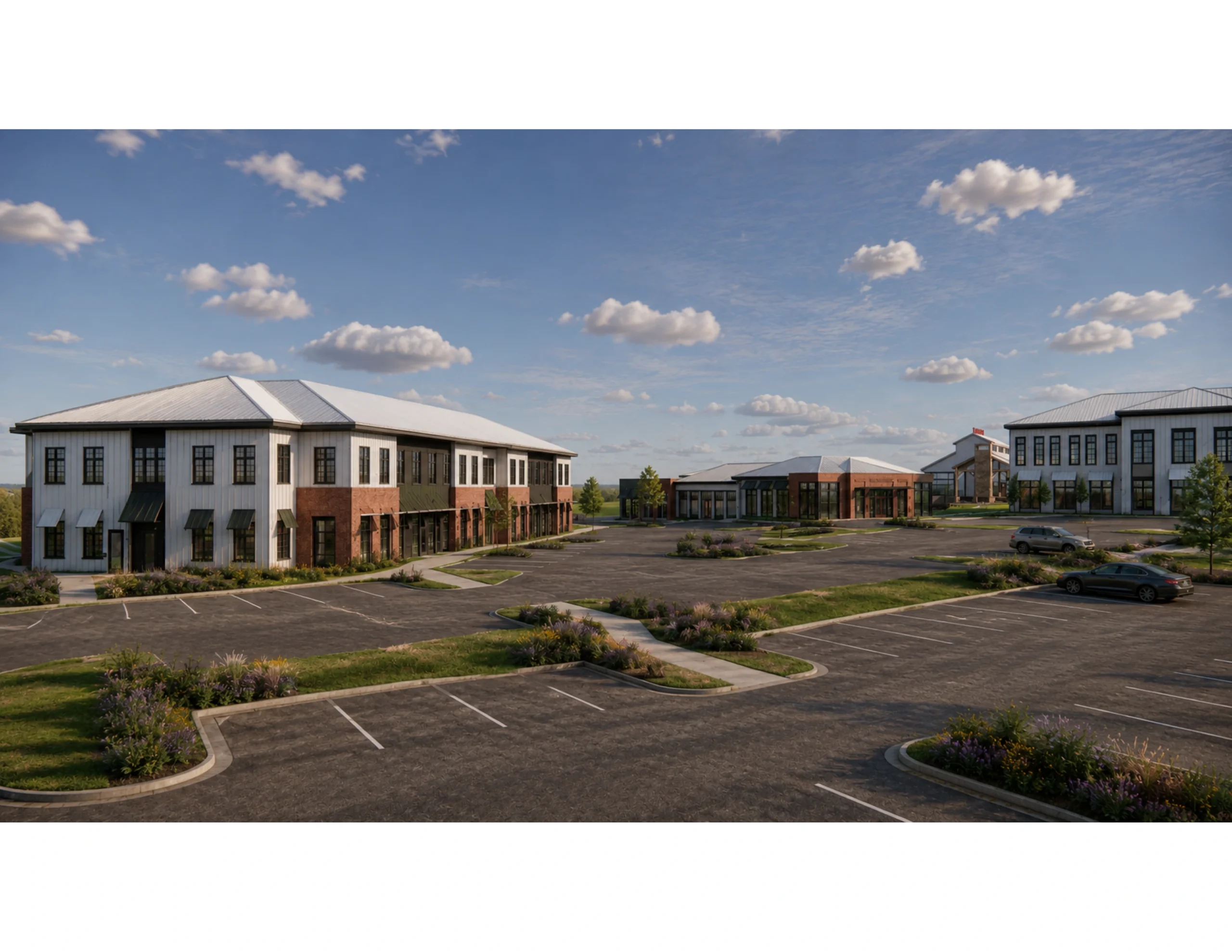 Rendered Image of The Shoppes at Lakeside Pointe | View West Parking Area towards Offices & Retail