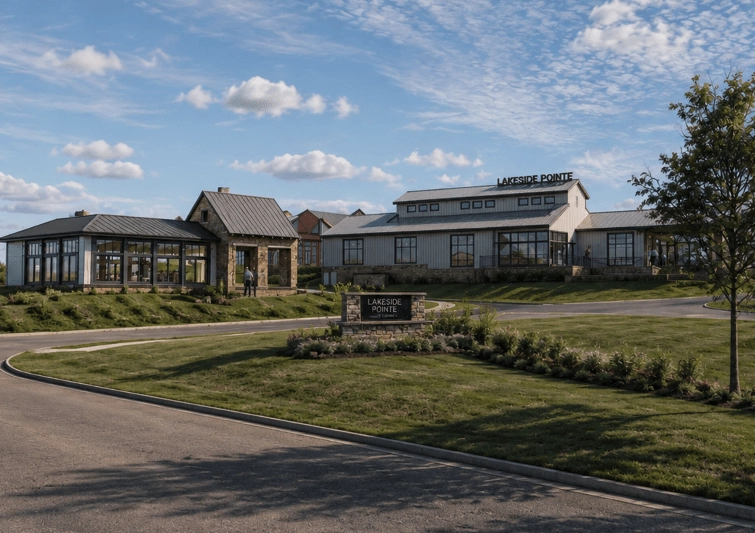 The Shoppes Exterior Entrance Rendering at Lakeside Pointe