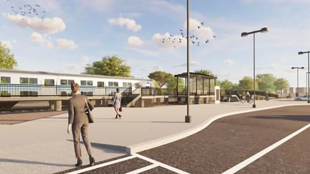 A rendering of the new train station, which would be built on 5.36 acres at the southeast corner of the William Floyd Parkway and Long Island Expressway. Credit: Brookhaven Town/Dan Panico