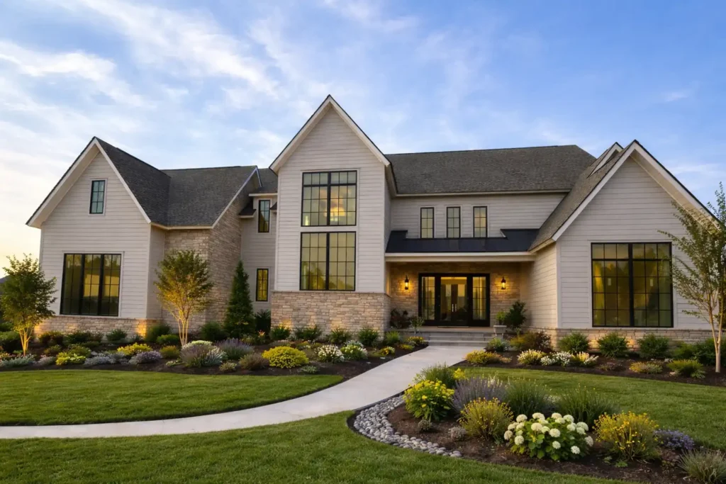 Modern farmhouse at golden hour