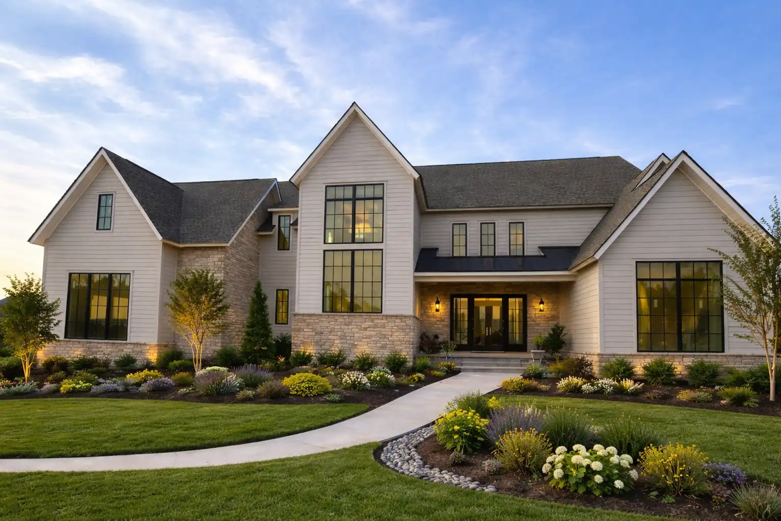 Modern farmhouse at golden hour