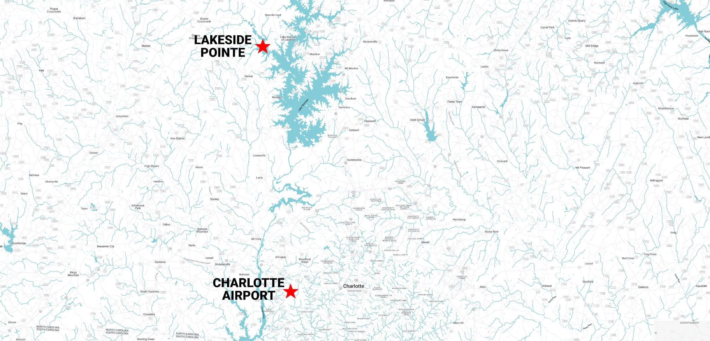 Map Showing how close Lakeside Pointe is to Charlotte Airport