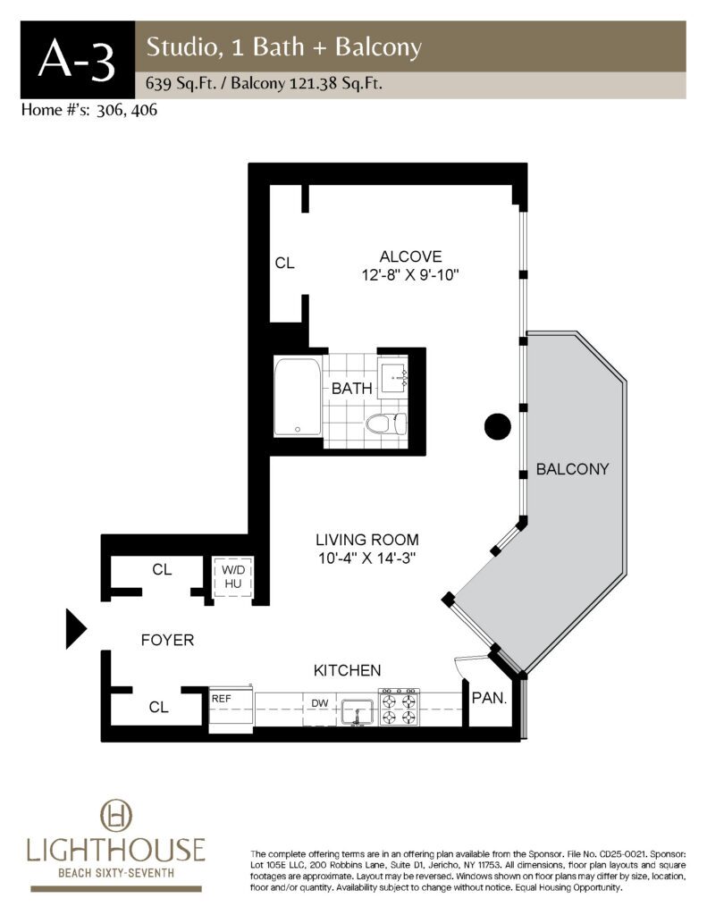 A-3 Floorplan | Studio, 1 Bath, Balcony at Lighthouse Beach 67th
