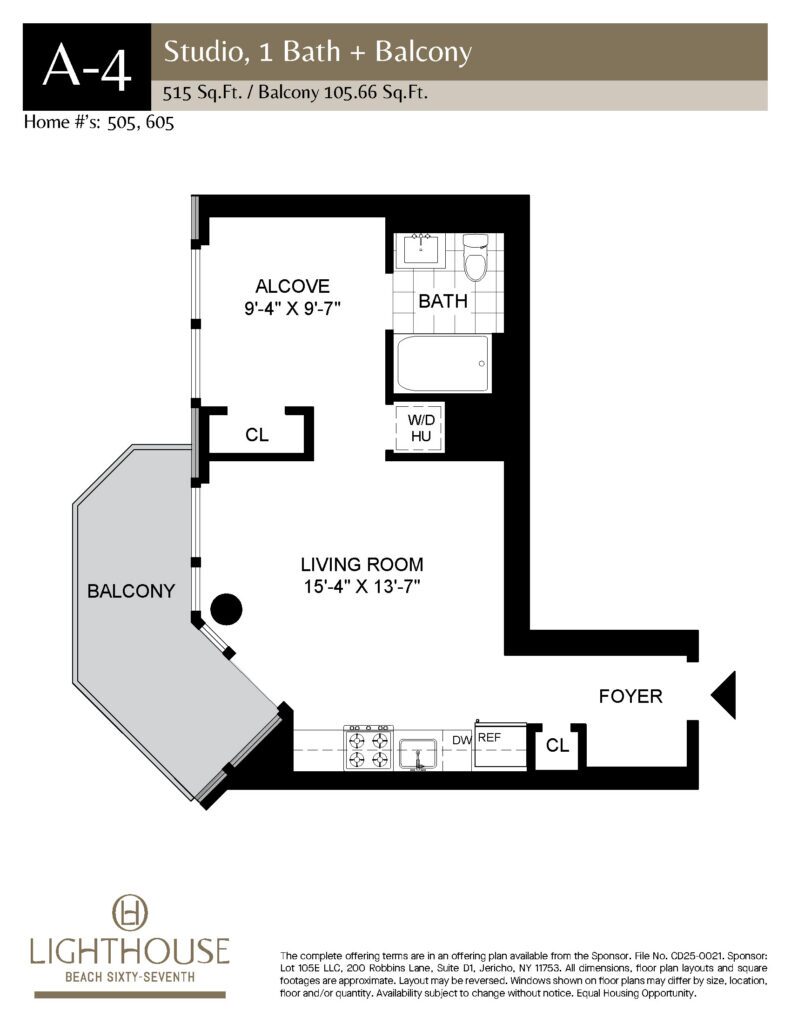 A-4 Floorplan | Studio, 1 Bath, Balcony at Lighthouse Beach 67th