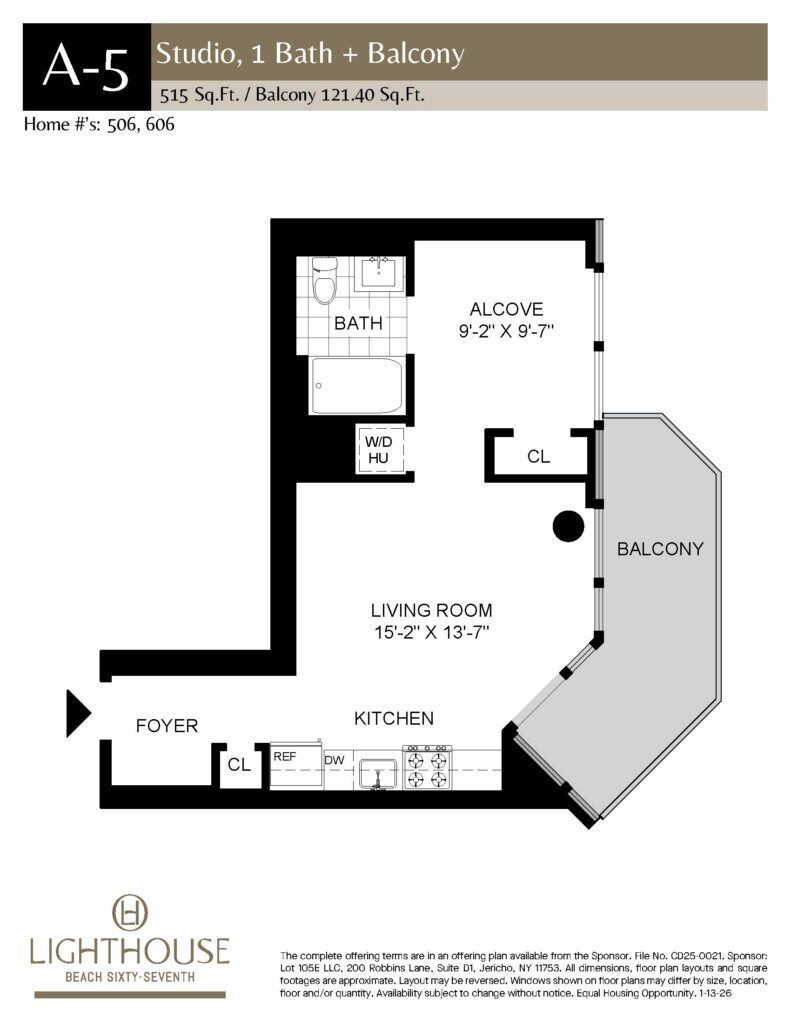 A-5 Floorplan | Studio, 1 Bath, Balcony at Lighthouse Beach 67th
