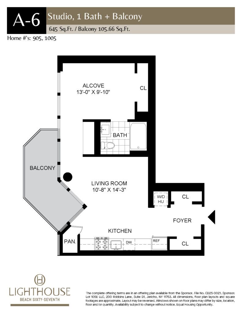 A-6 Floorplan | Studio, 1 Bath, Balcony at Lighthouse Beach 67th
