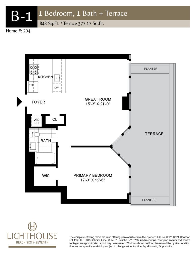 B-1 Floorplan | 1 Bedroom, 1 Bath, Terrace at Lighthouse Beach 67th