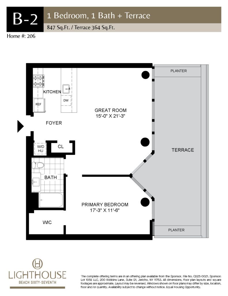 B-2 Floorplan | 1 Bedroom, 1 Bath, Terrace at Lighthouse Beach 67th