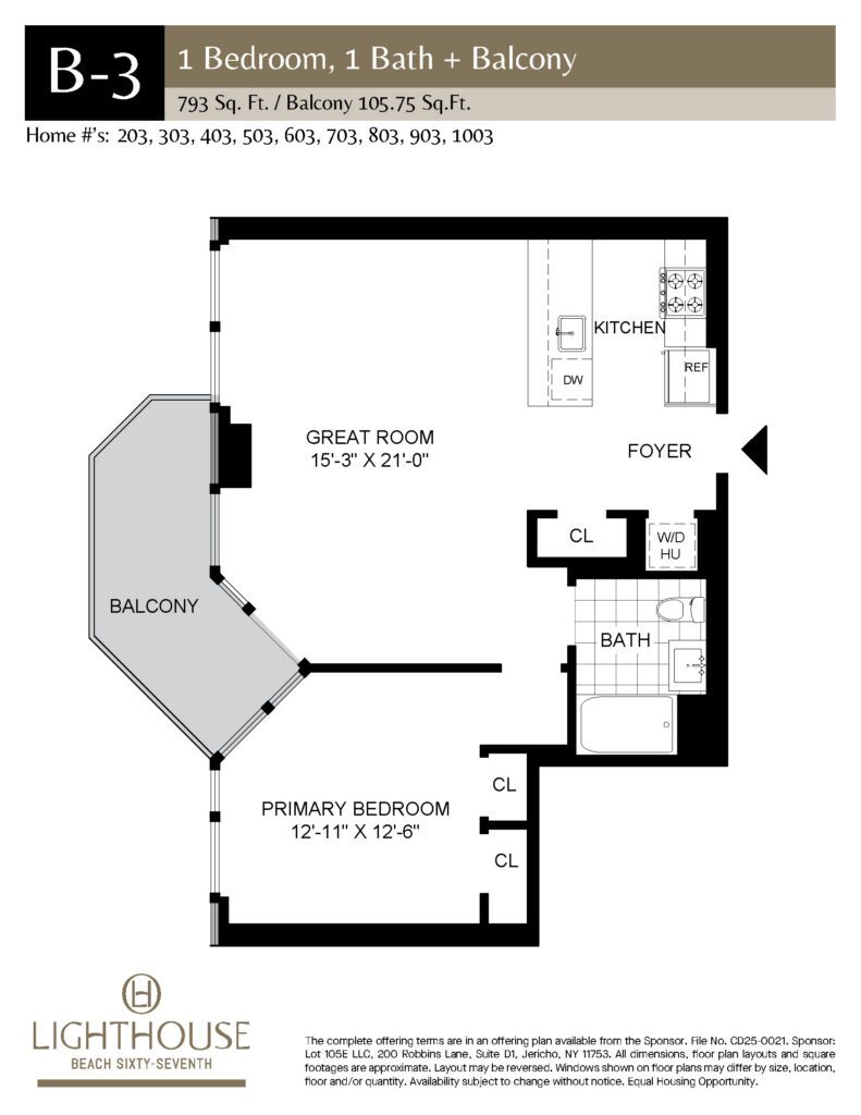 B-3 Floorplan | 1 Bedroom, 1 Bath, Balcony at Lighthouse Beach 67th