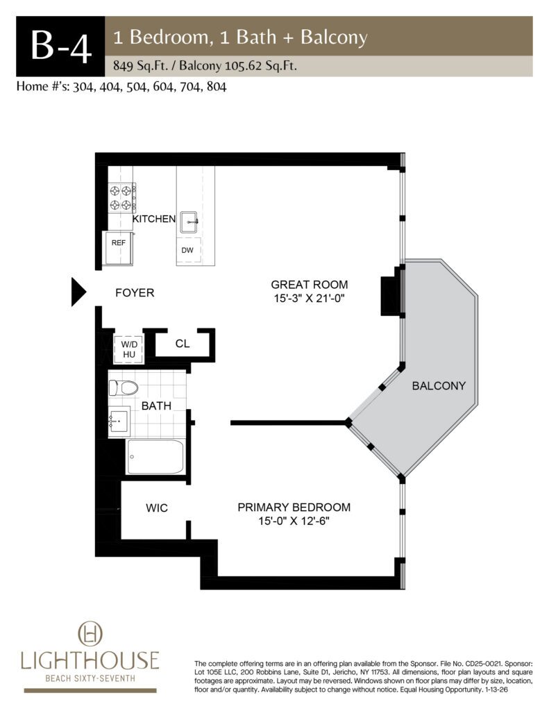 B-4 Floorplan | 1 Bedroom, 1 Bath, Balcony at Lighthouse Beach 67th