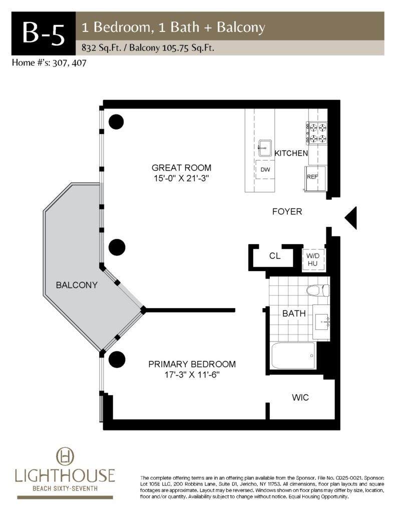 B-5 Floorplan | 1 Bedroom, 1 Bath, Balcony at Lighthouse Beach 67th