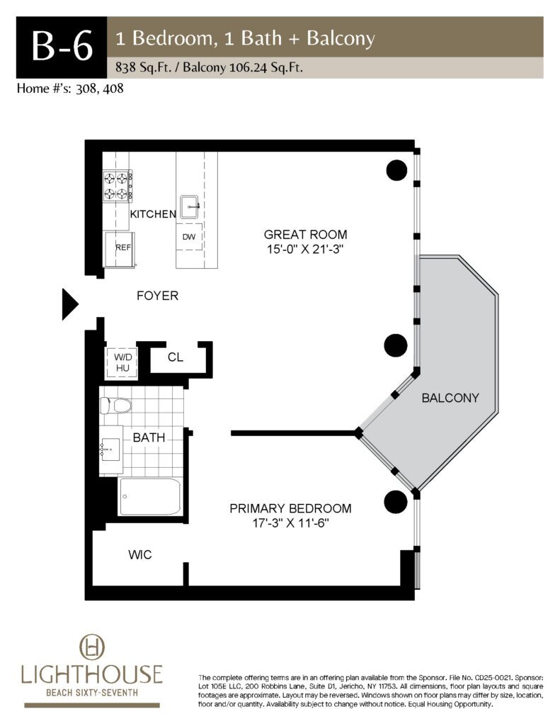 B-6 Floorplan | 1 Bedroom, 1 Bath, Balcony at Lighthouse Beach 67th