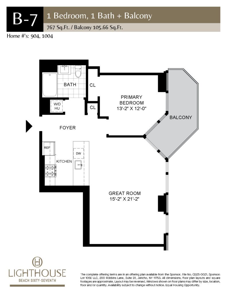 B-7 Floorplan | 1 Bedroom, 1 Bath, Balcony at Lighthouse Beach 67th