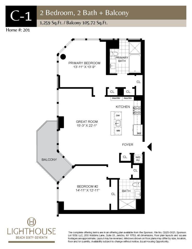 C-1 Floorplan | 2 Bedroom, 2 Baths, Balcony at Lighthouse Beach 67th