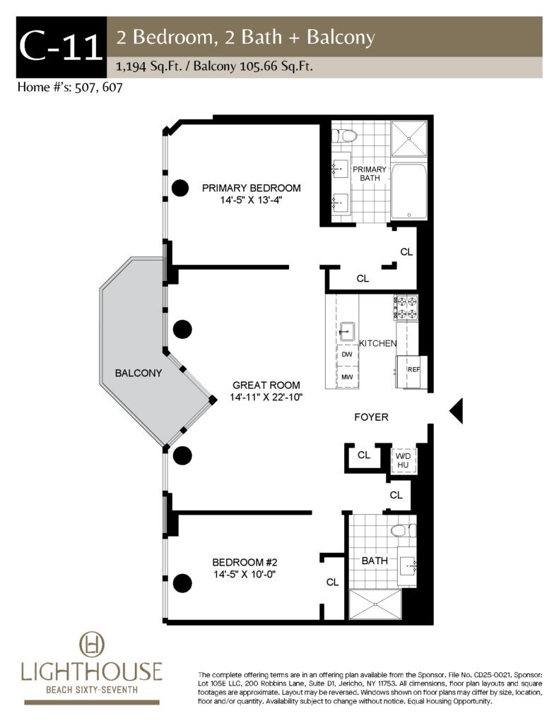 C-11 Floorplan | 2 Bedroom, 2 Baths, Balcony at Lighthouse Beach 67th