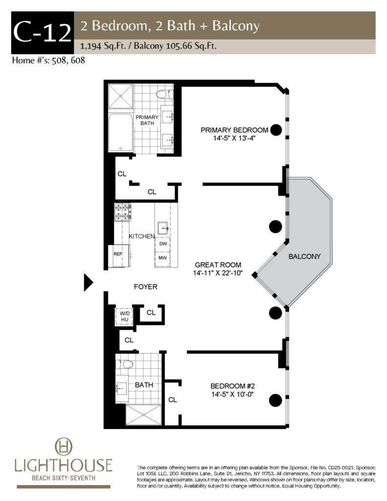 C-12 Floorplan | 2 Bedroom, 2 Baths, Balcony at Lighthouse Beach 67th