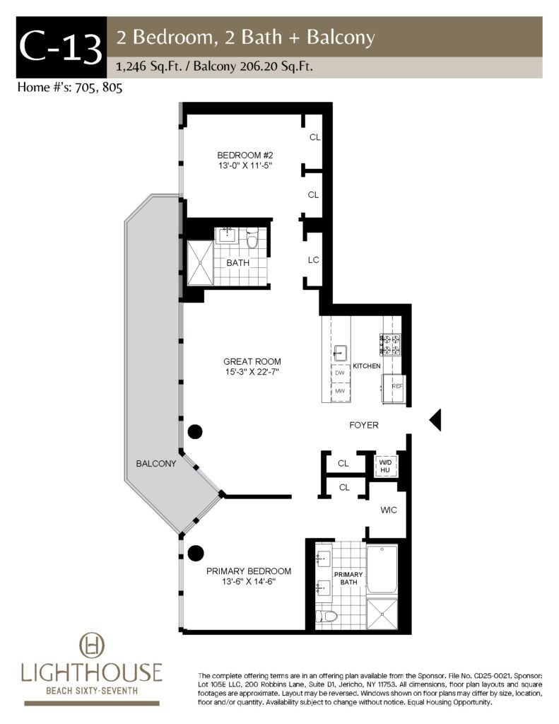 C-13 Floorplan | 2 Bedroom, 2 Baths, Balcony at Lighthouse Beach 67th
