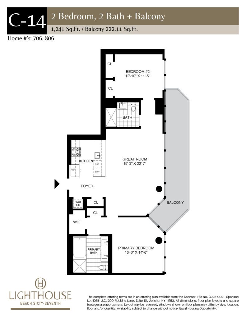C-14 Floorplan | 2 Bedroom, 2 Baths, Balcony at Lighthouse Beach 67th