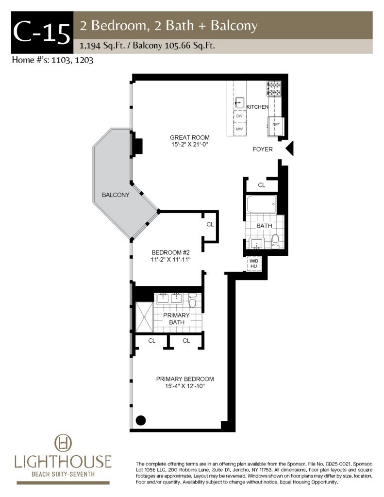 C-15 Floorplan | 2 Bedroom, 2 Baths, Balcony at Lighthouse Beach 67th