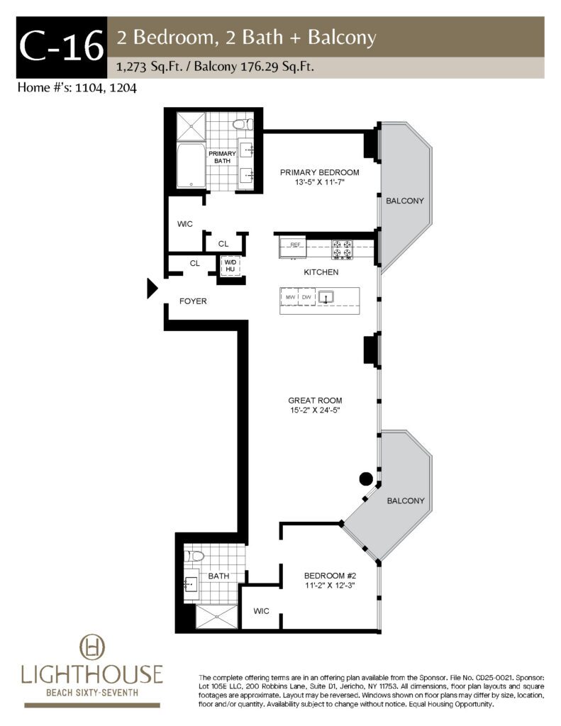 C-16 Floorplan | 2 Bedroom, 2 Baths, Balcony at Lighthouse Beach 67th
