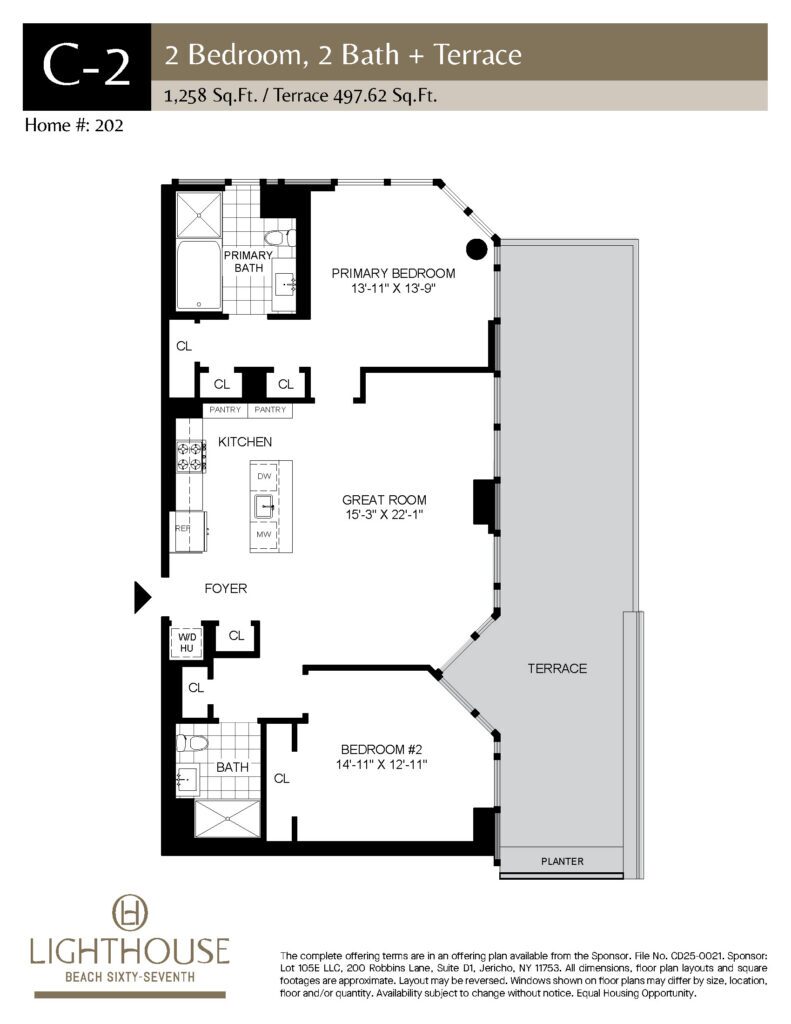 C-2 Floorplan | 2 Bedroom, 2 Baths, Terrace at Lighthouse Beach 67th