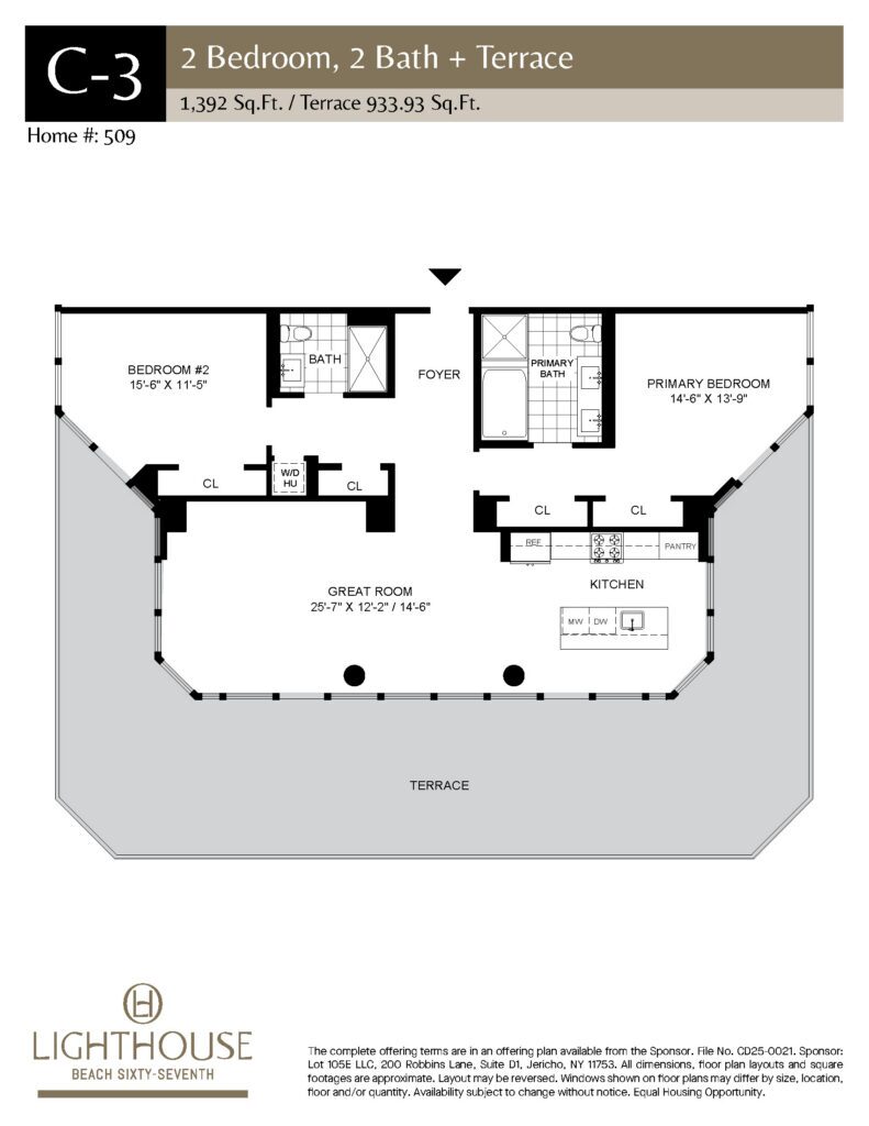 C-3 Floorplan | 2 Bedroom, 2 Baths, Terrace at Lighthouse Beach 67th