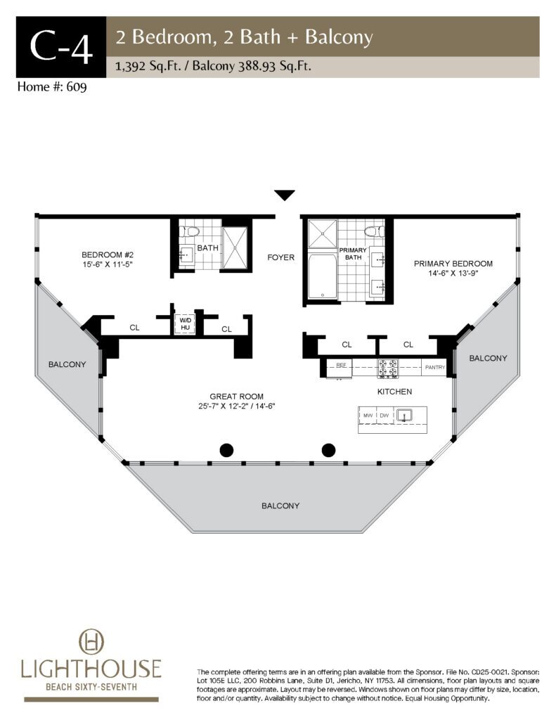 C-4 Floorplan | 2 Bedroom, 2 Baths, Balcony at Lighthouse Beach 67th