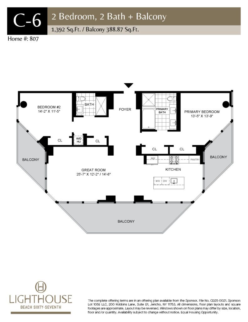C-6 Floorplan | 2 Bedroom, 2 Baths, Balcony at Lighthouse Beach 67th