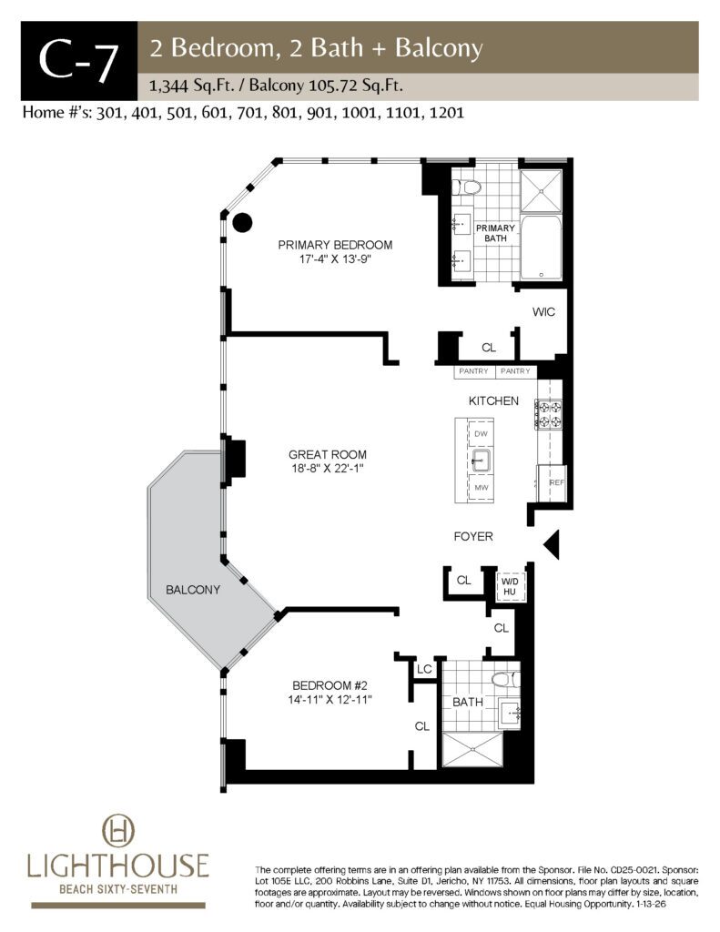 C-7 Floorplan | 2 Bedroom, 2 Baths, Balcony at Lighthouse Beach 67th