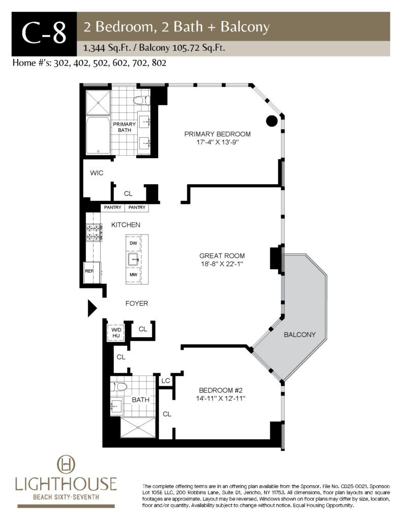 C-8 Floorplan | 2 Bedroom, 2 Baths, Balcony at Lighthouse Beach 67th