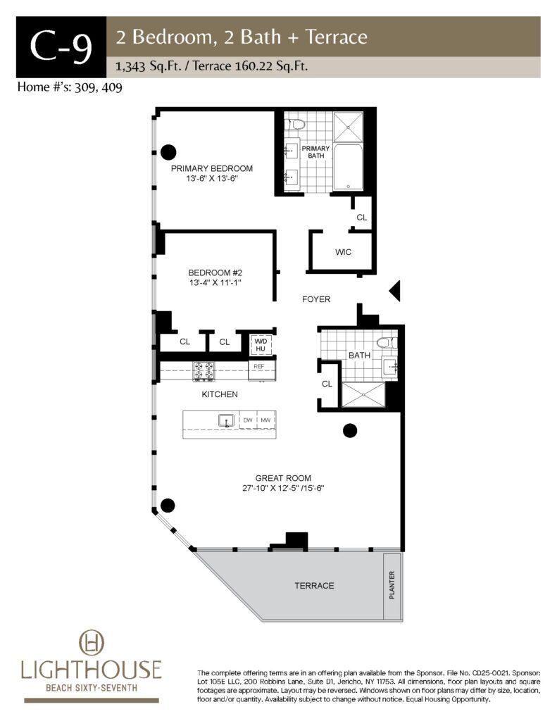 C-9 Floorplan | 2 Bedroom, 2 Baths, Terrace at Lighthouse Beach 67th