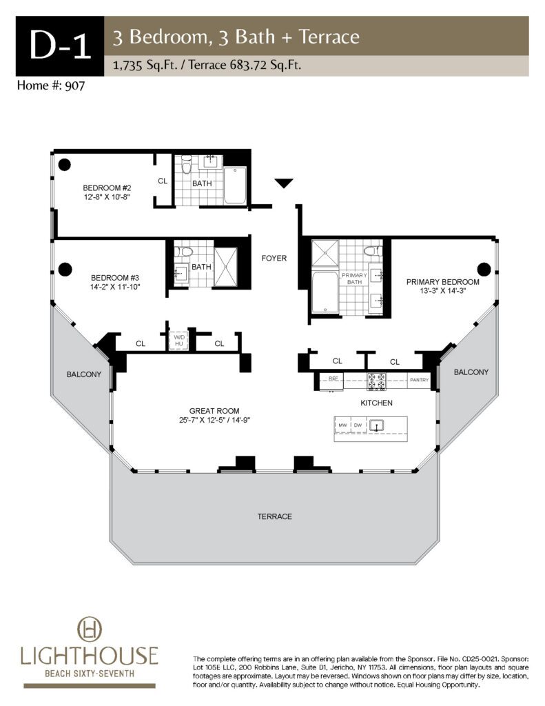 D-1 Floorplan | 3 Bedroom, 3 Baths, Terrace at Lighthouse Beach 67th