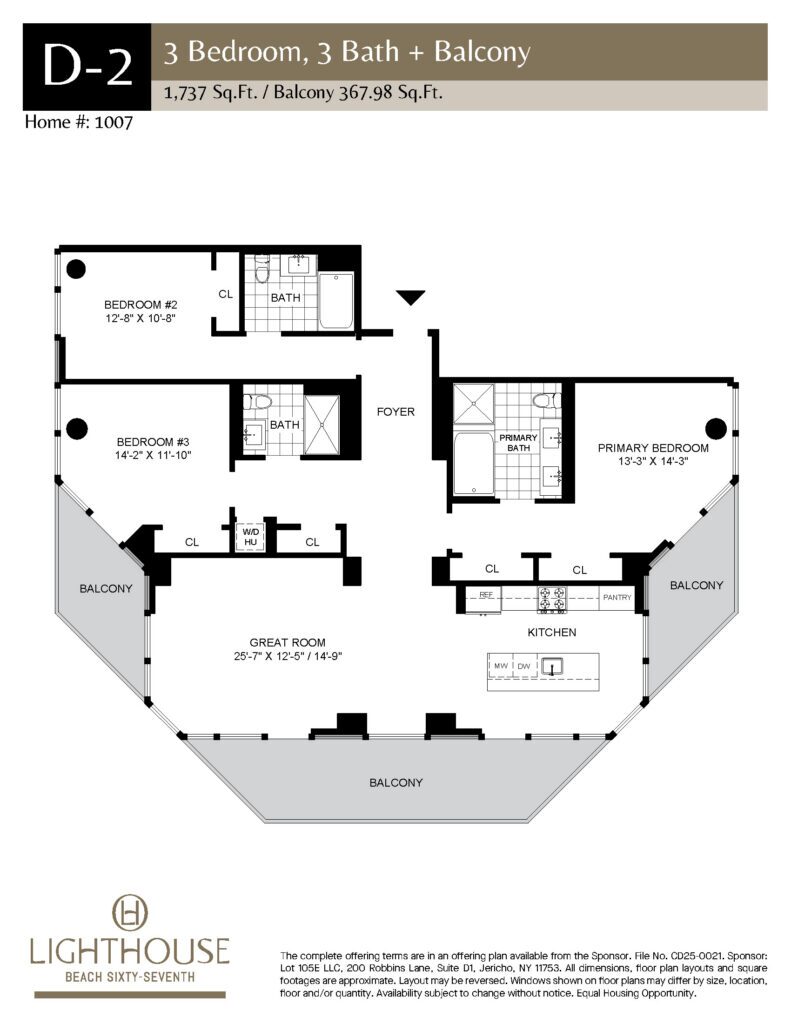 D-2 Floorplan | 3 Bedroom, 3 Baths, Balcony at Lighthouse Beach 67th