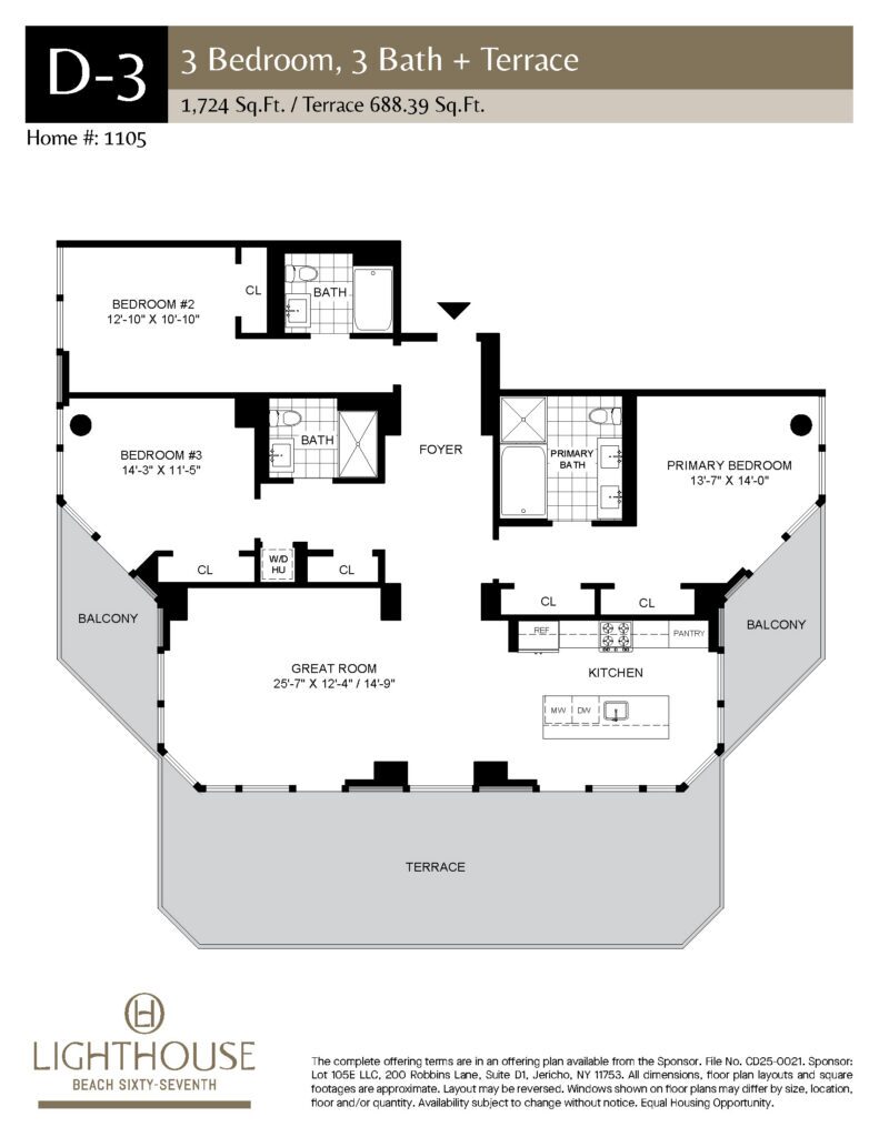 D-3 Floorplan | 3 Bedroom, 3 Baths, Terrace cat Lighthouse Beach 67th