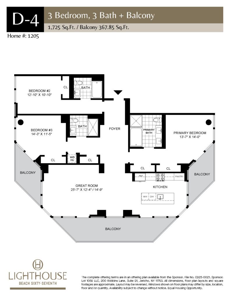 D-4 Floorplan | 3 Bedroom, 3 Baths, Balcony at Lighthouse Beach 67th