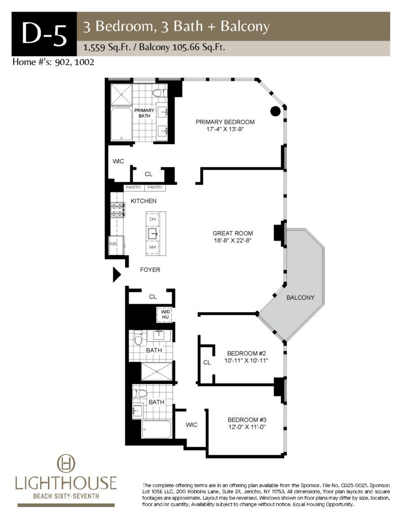 D-5 Floorplan | 3 Bedroom, 3 Baths, Balcony at Lighthouse Beach 67th