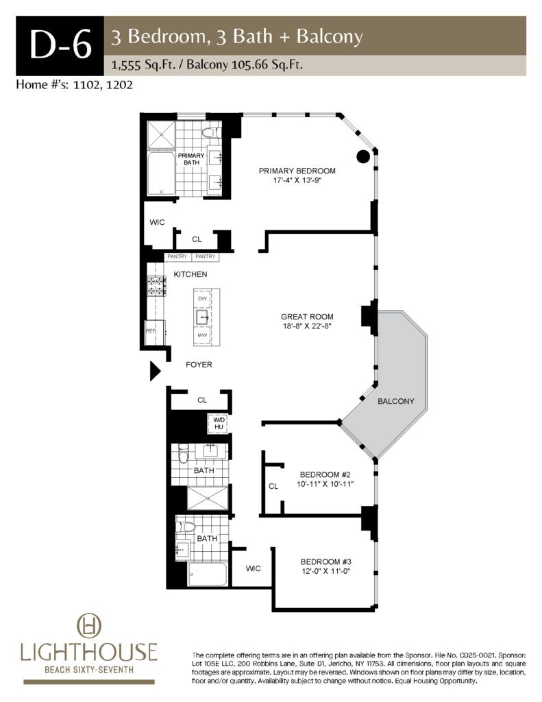 D-6 Floorplan | 3 Bedroom, 3 Baths, Balcony at Lighthouse Beach 67th