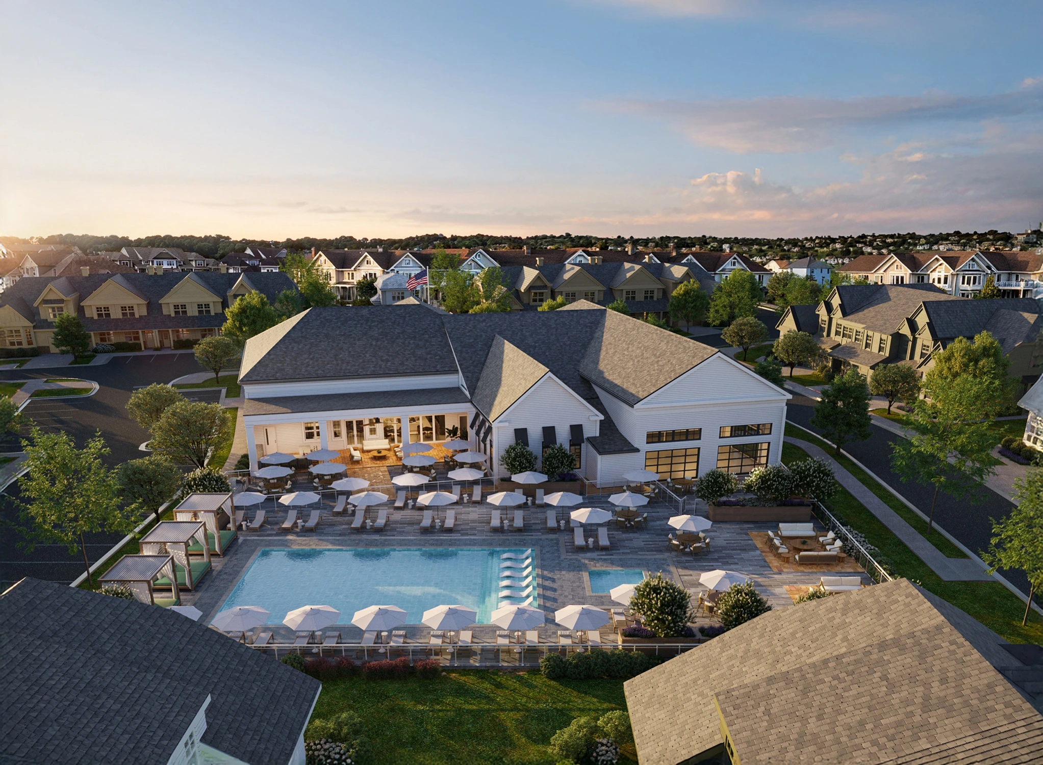 Back Aerial Pool and Clubhouse Rendering at Country Pointe Preserve