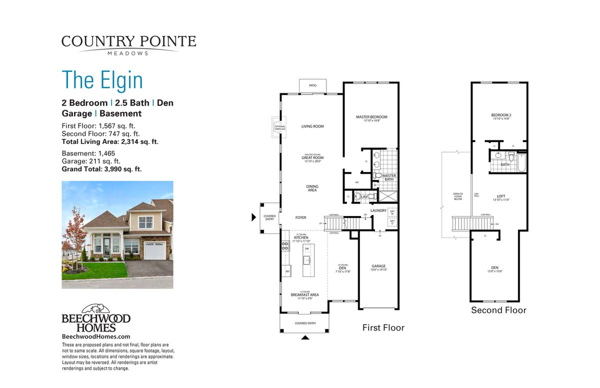 Promotional layout and floor plan for "The Elgin" model home with detailed specifications and images