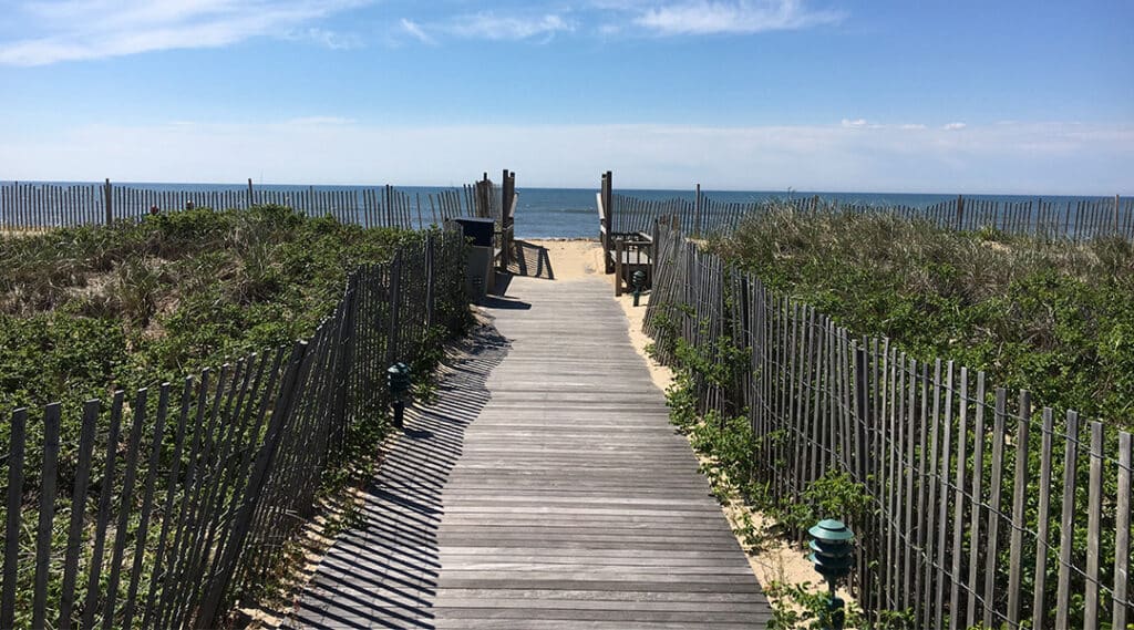 A boardwalk pathway to the beach in Long Island, N