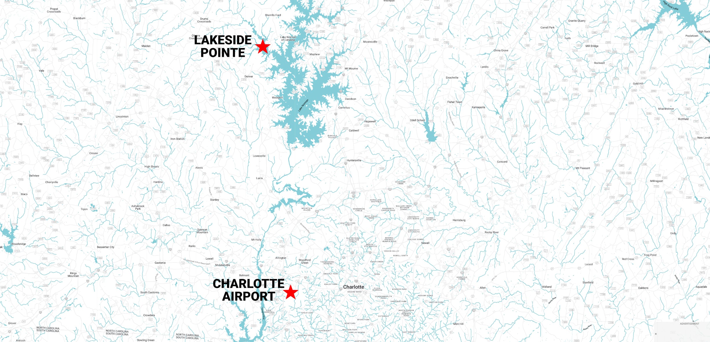 Map Showing how close Lakeside Pointe is to Charlotte Airport
