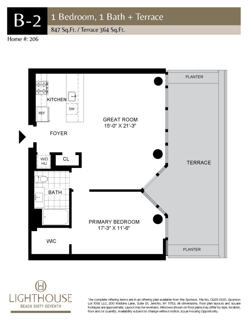 B-2 Floorplan | 1 Bedroom, 1 Bath, Terrace at Lighthouse Beach 67th