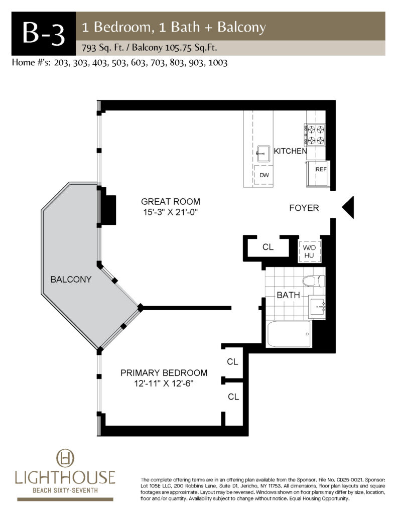 B-3 Floorplan | 1 Bedroom, 1 Bath, Balcony at Lighthouse Beach 67th