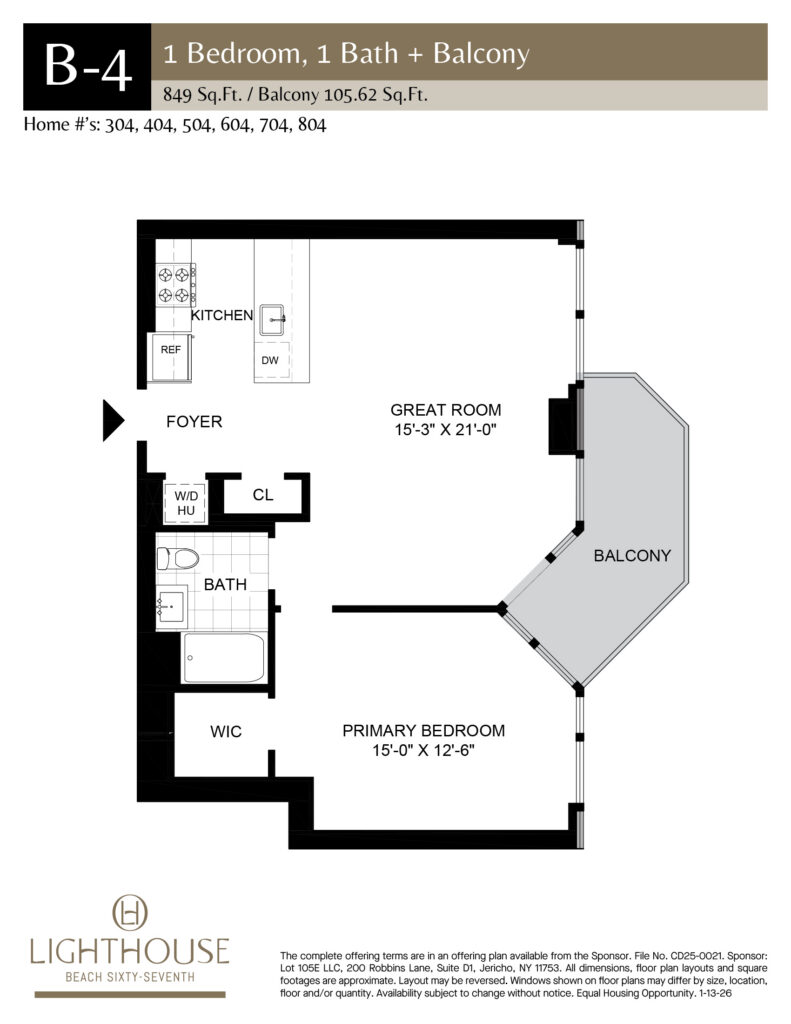 B-4 Floorplan | 1 Bedroom, 1 Bath, Balcony at Lighthouse Beach 67th