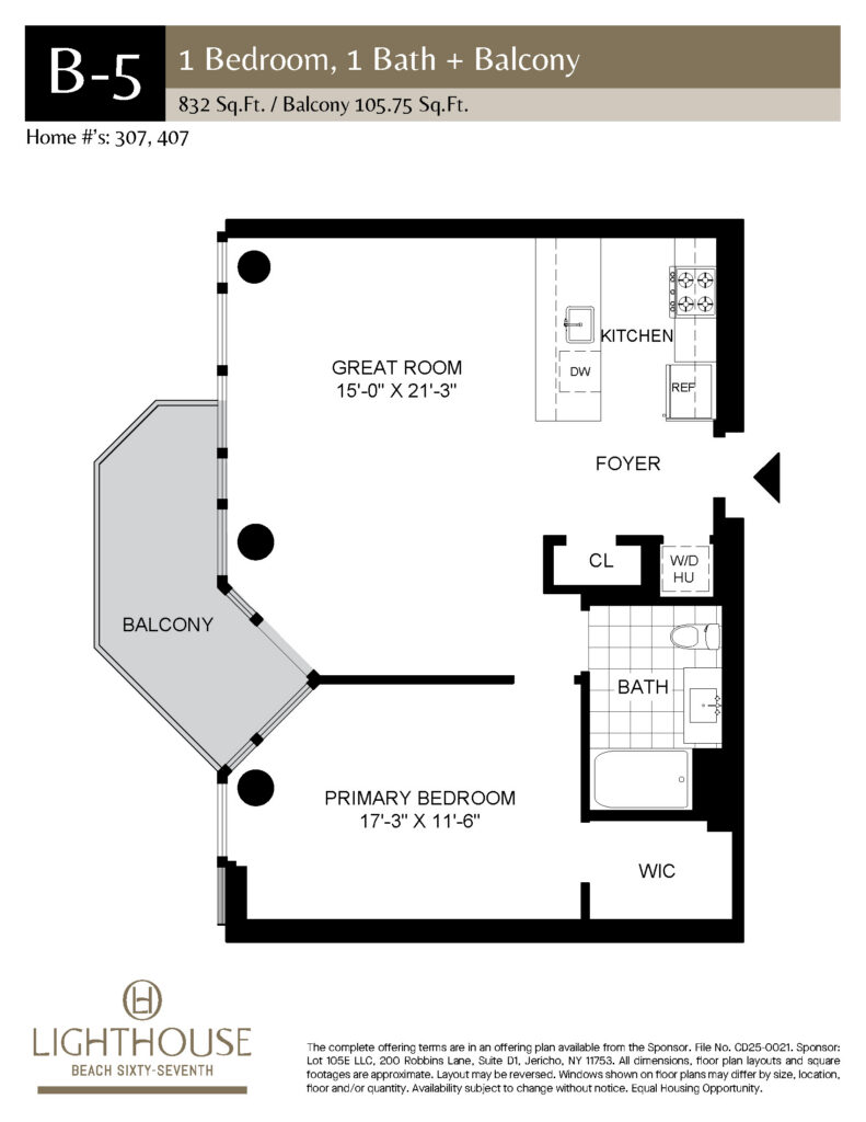 B-5 Floorplan | 1 Bedroom, 1 Bath, Balcony at Lighthouse Beach 67th