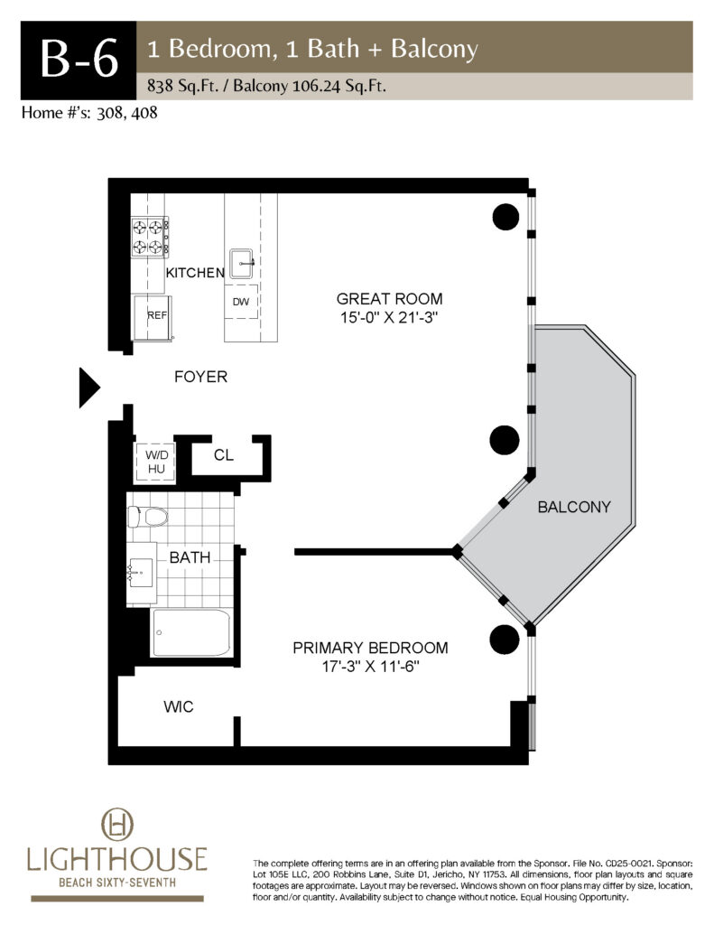 B-6 Floorplan | 1 Bedroom, 1 Bath, Balcony at Lighthouse Beach 67th