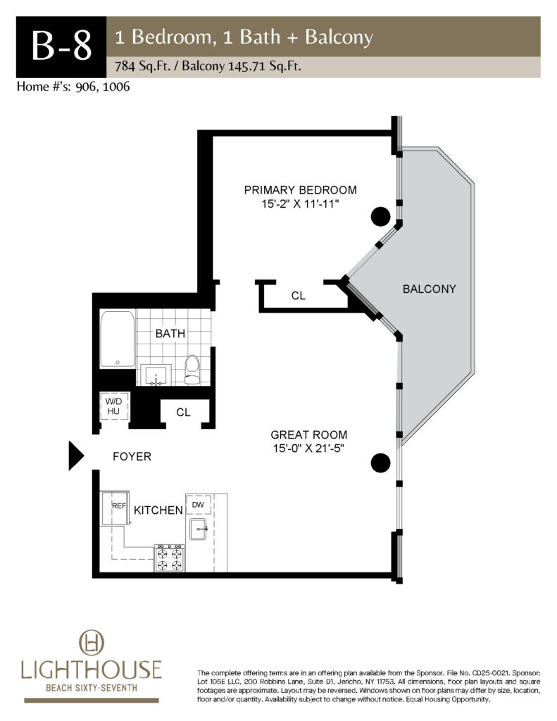 B-8 Floorplan | 1 Bedroom, 1 Bath, Balcony at Lighthouse Beach 67th