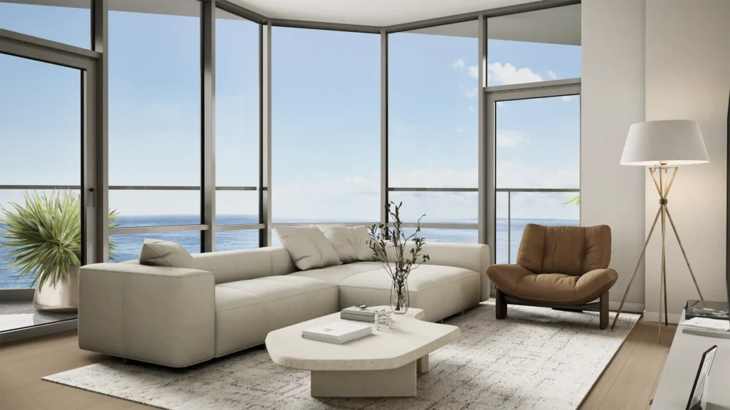 Living Room Rendering Unit 8 at Lighthouse Beach 67th