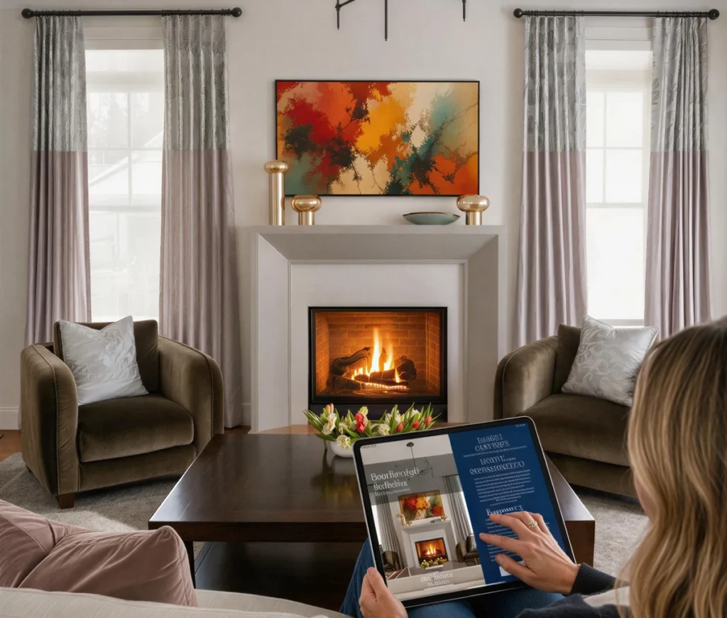 Cozy Fireplace Image Woman on Beechwood Newsletter Fall Digital Magazine